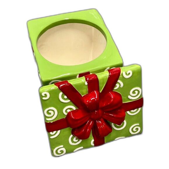 Christmas Holiday Cookie Jar Home Decor Package Green White Red Bow Ceramic Y2K - Picture 3 of 4